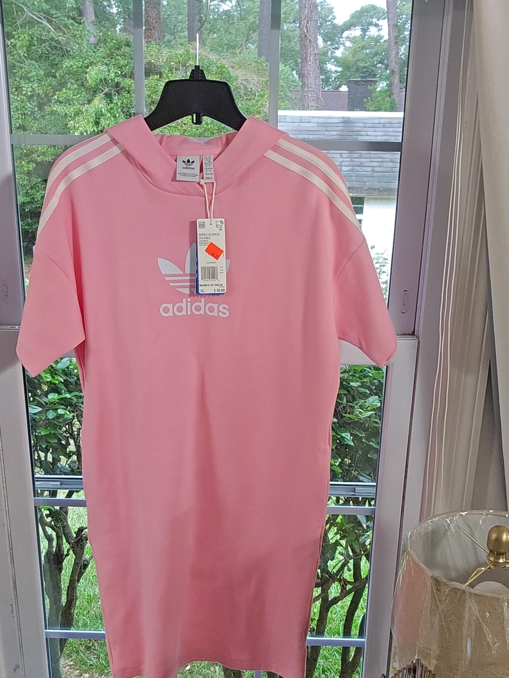 ADIDAS Pink Trefoil Short Sleeve Hoodie Tee Mini Dress with Shoulder Stripes